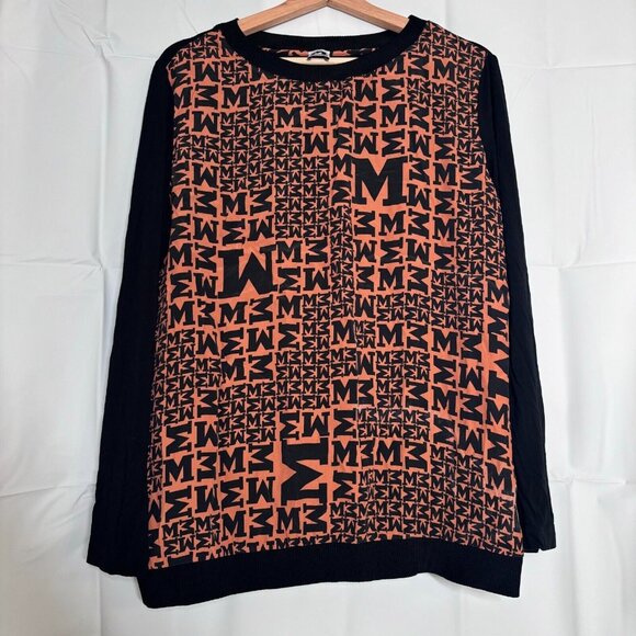 M Missoni Womens Letter M Print Long Sleeve Top Black Orange Pullover Casual